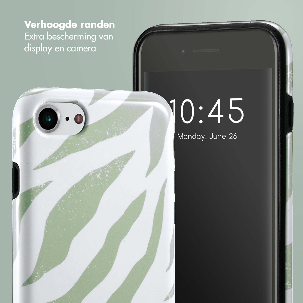 Telefoon en hoesje met een groen en wit zebra streepjes patroon. Telefoonscherm toont de tijd.