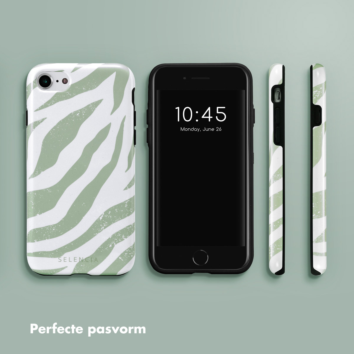 Telefoon met groen-witte zebra gestreepte hoes, zwarte telefoon met zwart scherm.