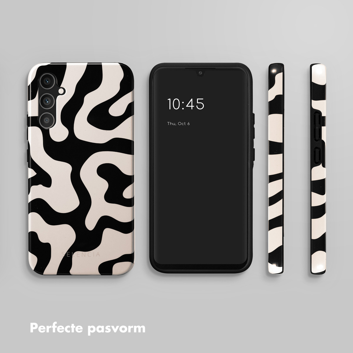 Een smartphone met een zwart-wit gestreepte hoes, naast aanzichten van de hoes.