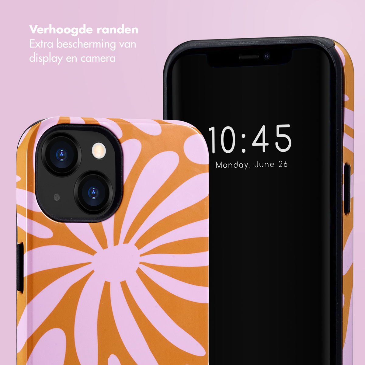 Een telefoon met een oranje en roze bloemenpatroon, met 10:45 op het scherm.