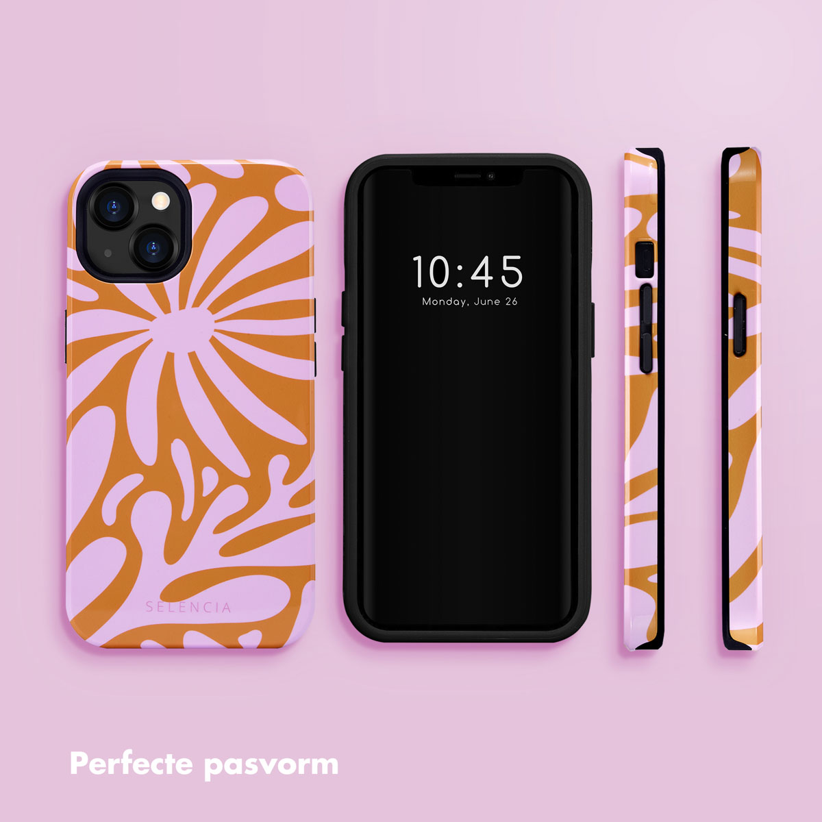Een smartphone met een oranje-roze bloemenpatroon hoesje, naast elkaar.