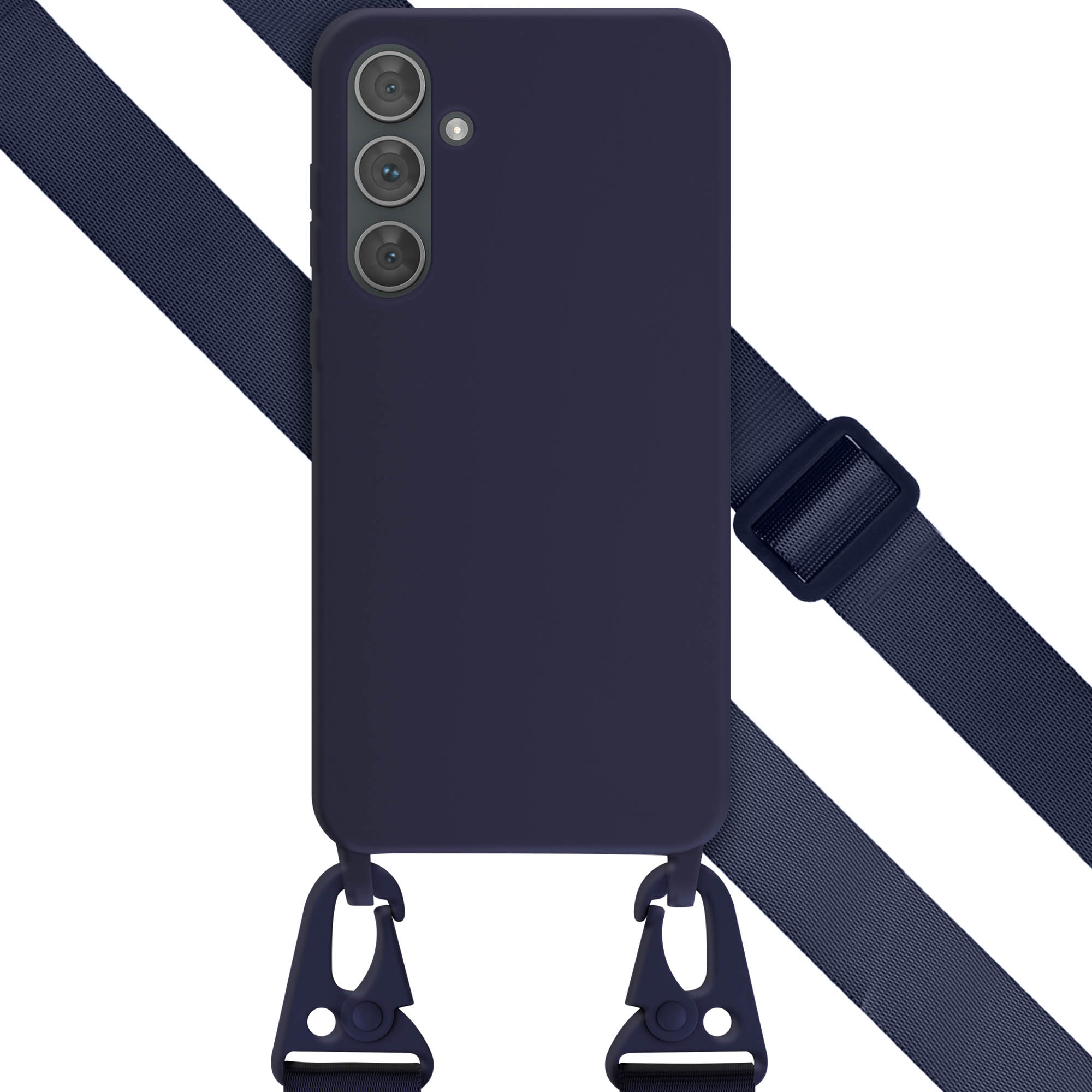 Coque de téléphone bleu marine avec une sangle et des mousquetons, sur fond blanc.