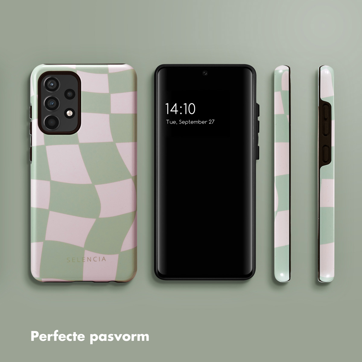 Telefoon en hoesjes: geruite groene hoes op apparaat en zijkanten, zwarte telefoon met tijdweergave.