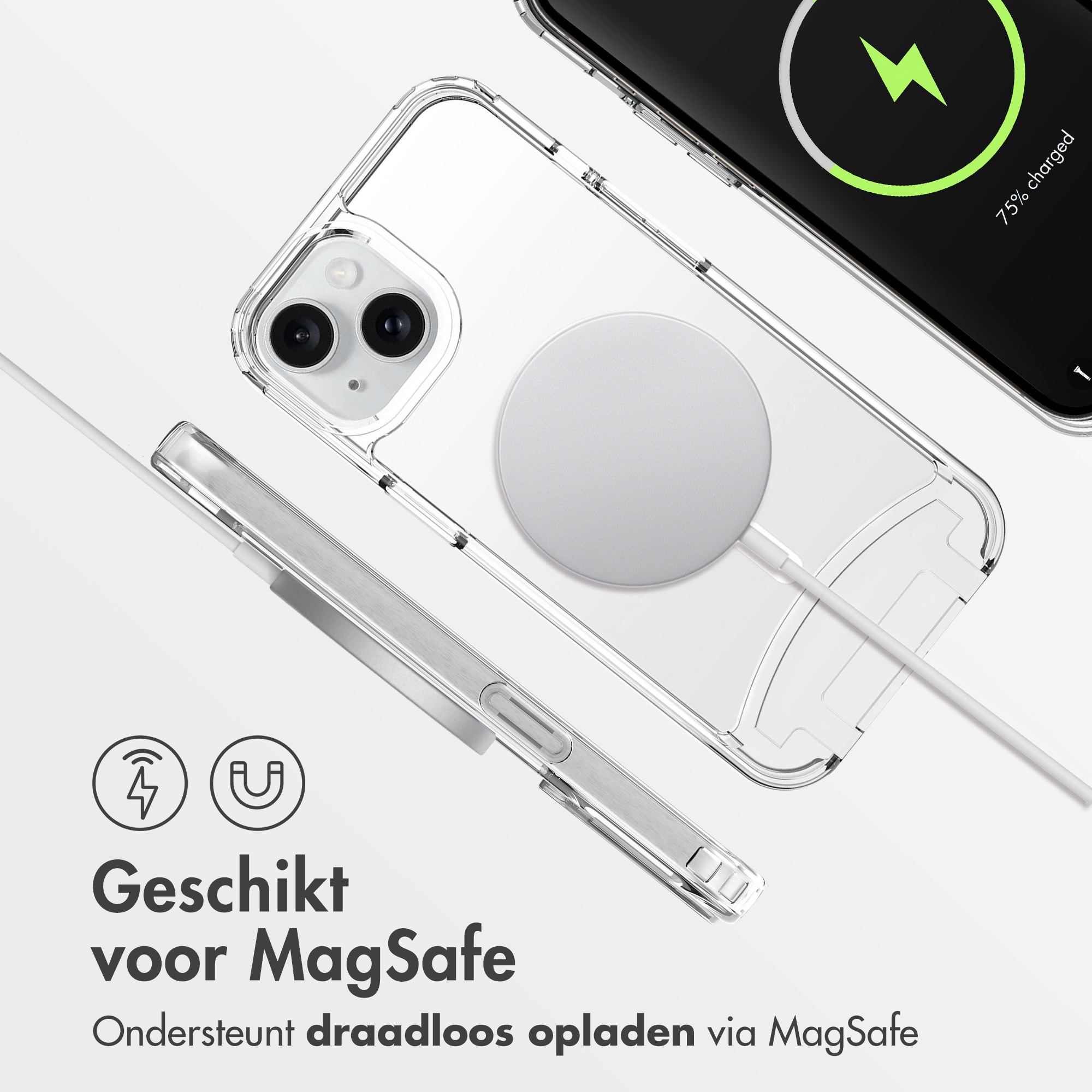 Clear phone case with white MagSafe charger. Phone charging at 75%.