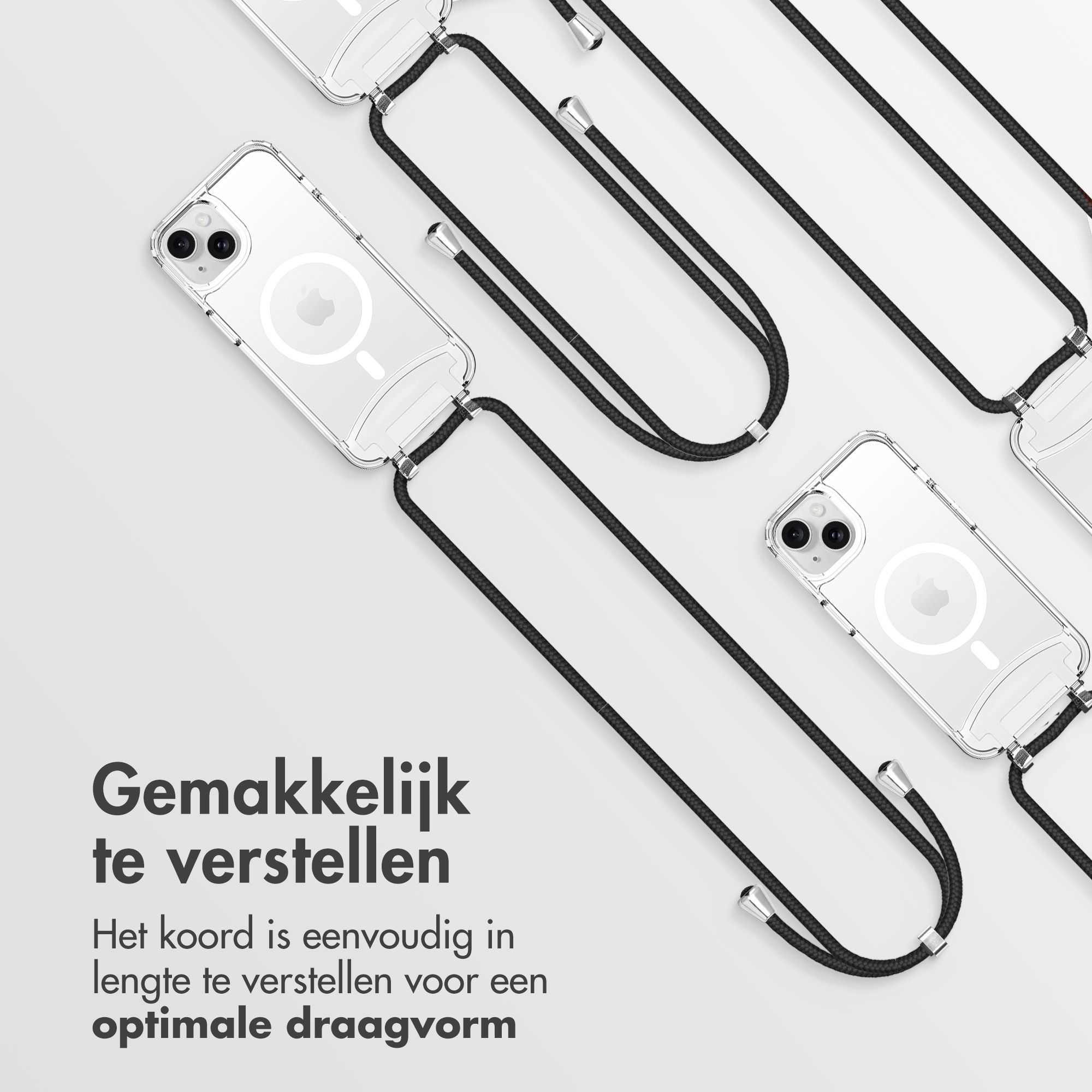 Clear phone cases with black cords. The cords are adjustable, on white background.