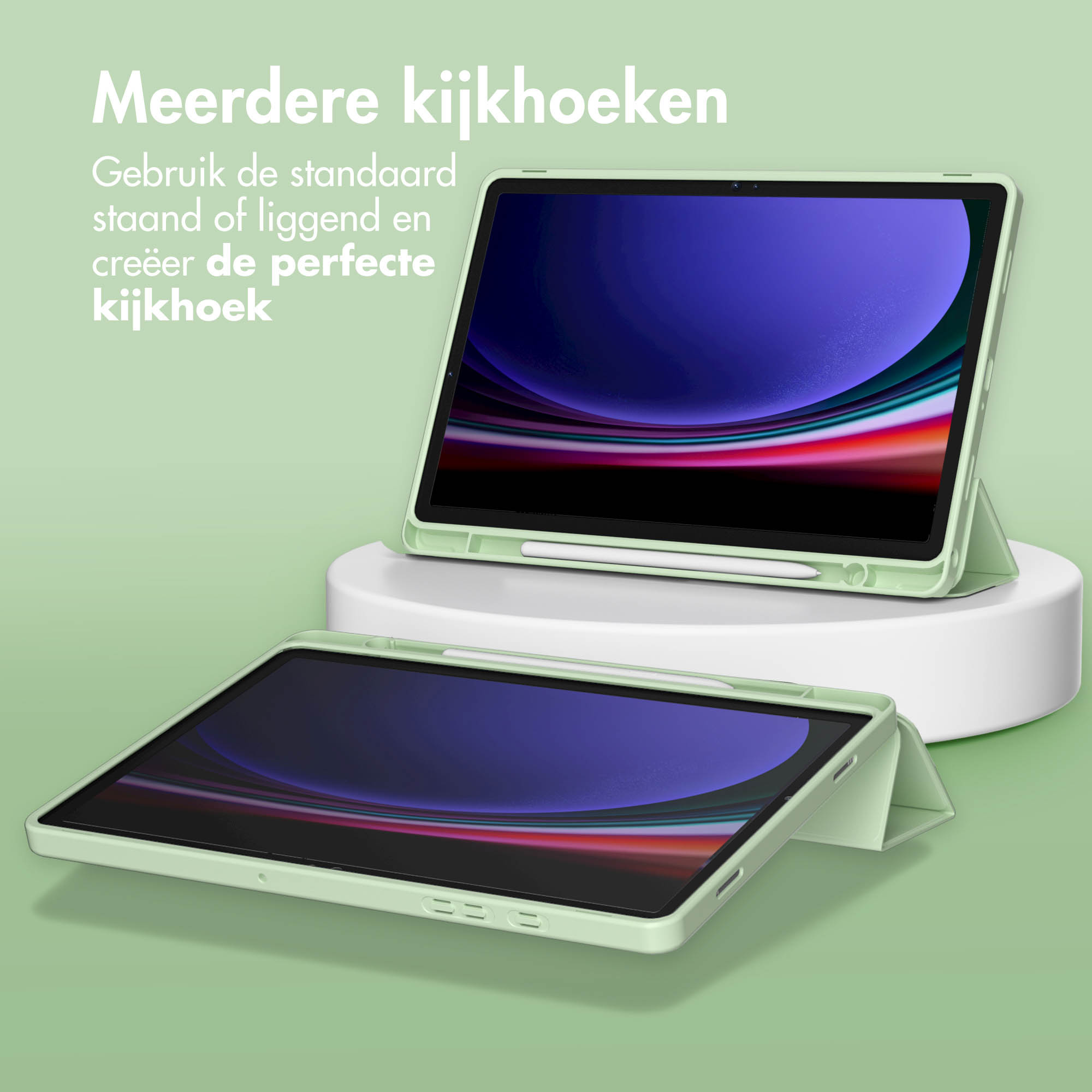 Two tablet cases, one open, the other closed, both green, with a stylus on the open one.