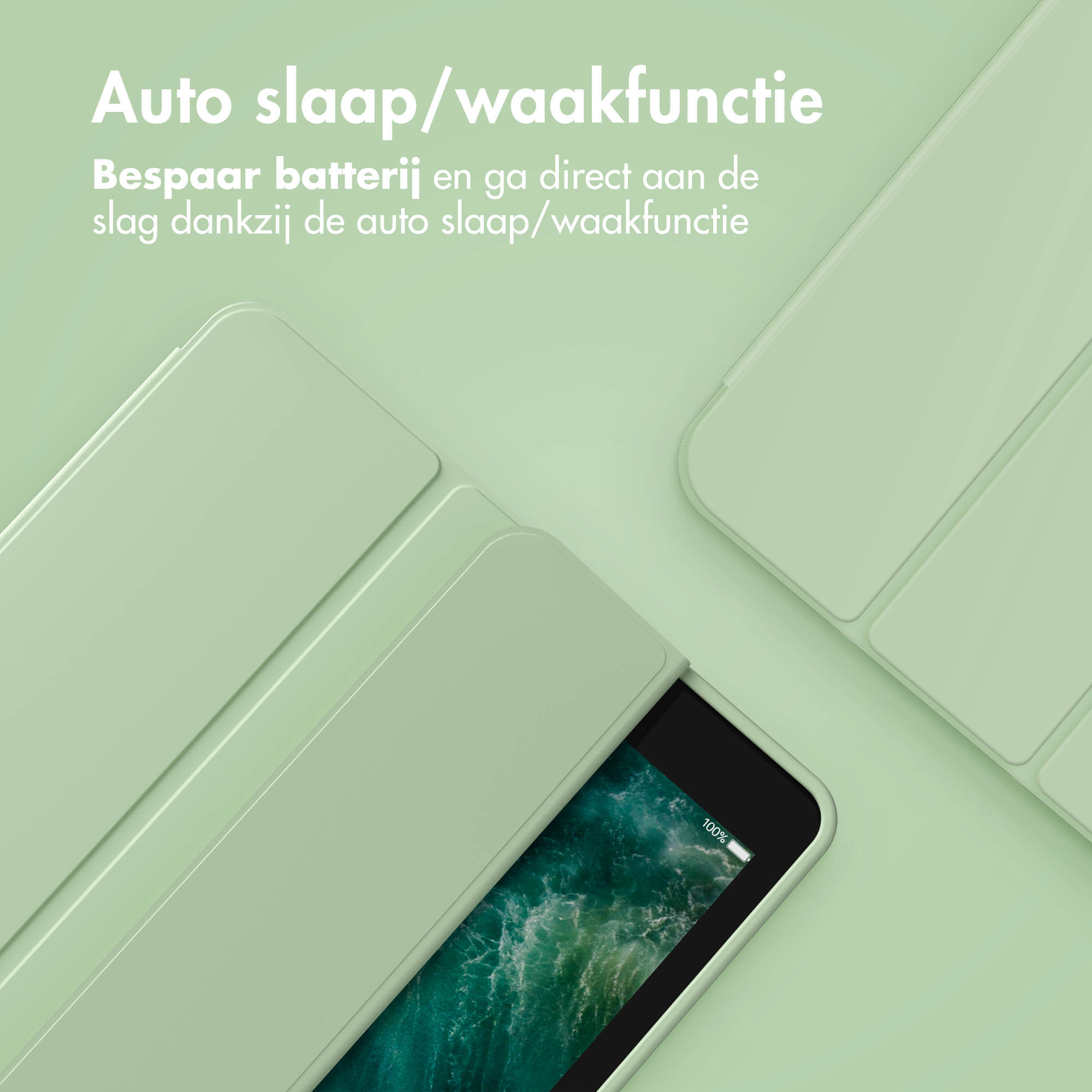 Green tablet case with an open tablet. A green tablet with a 100% battery display.