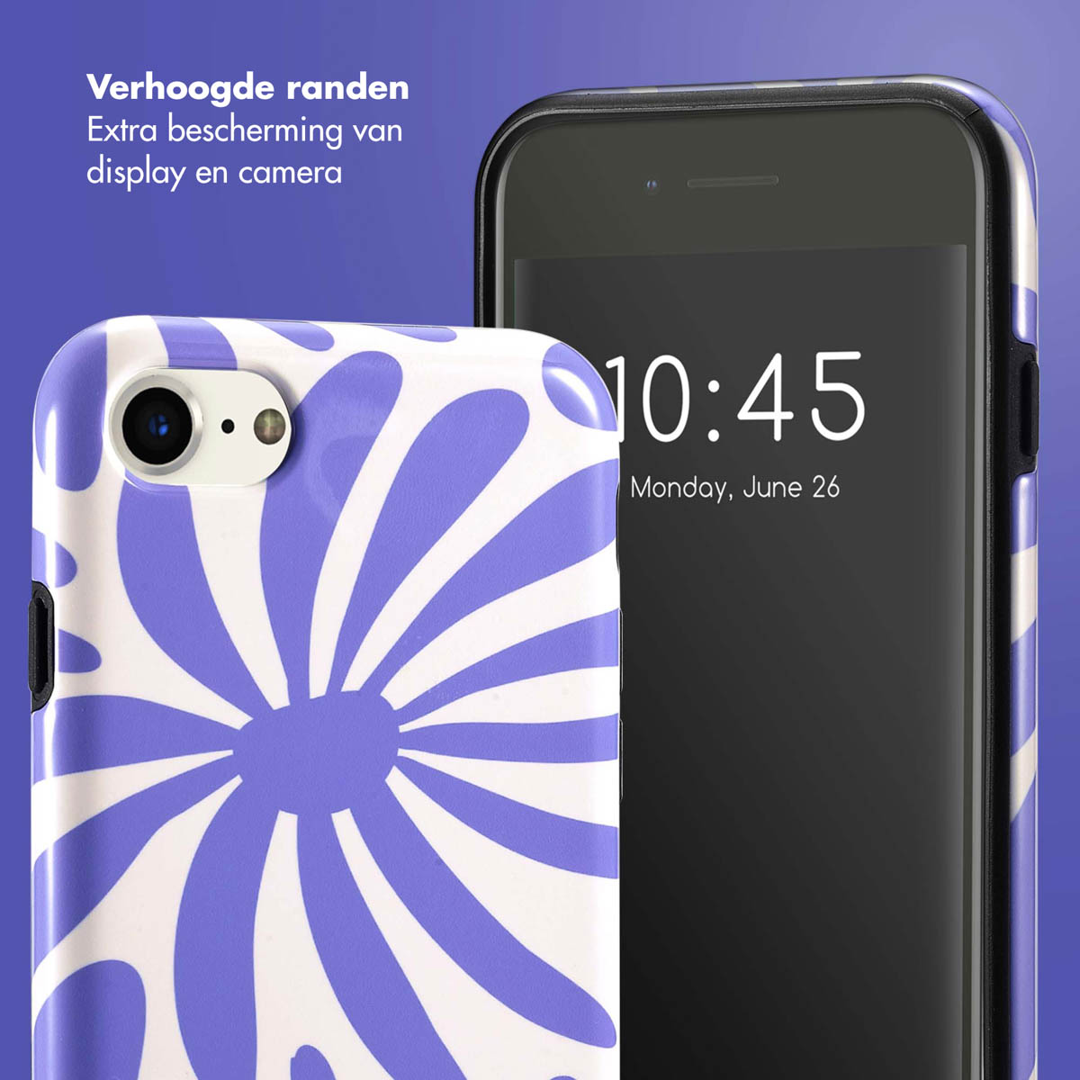 Custodia per telefono con design floreale viola. Schermo visibile. Sfondo bianco.