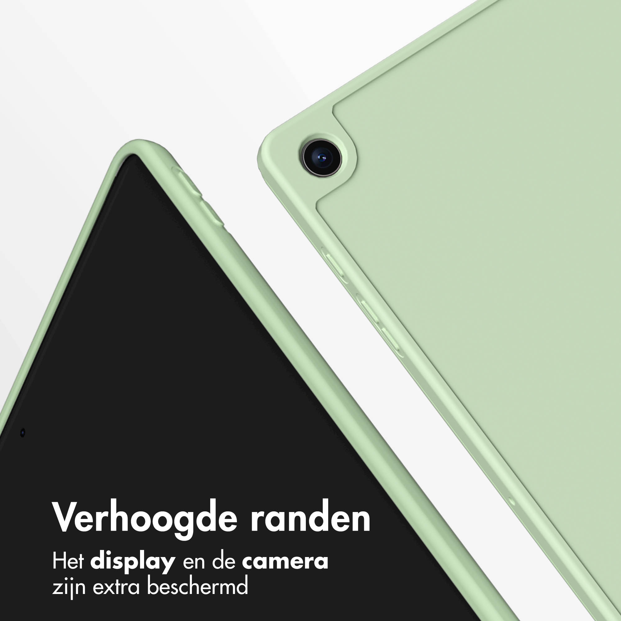 Tablet with a green case. Showing the corner of the tablet.