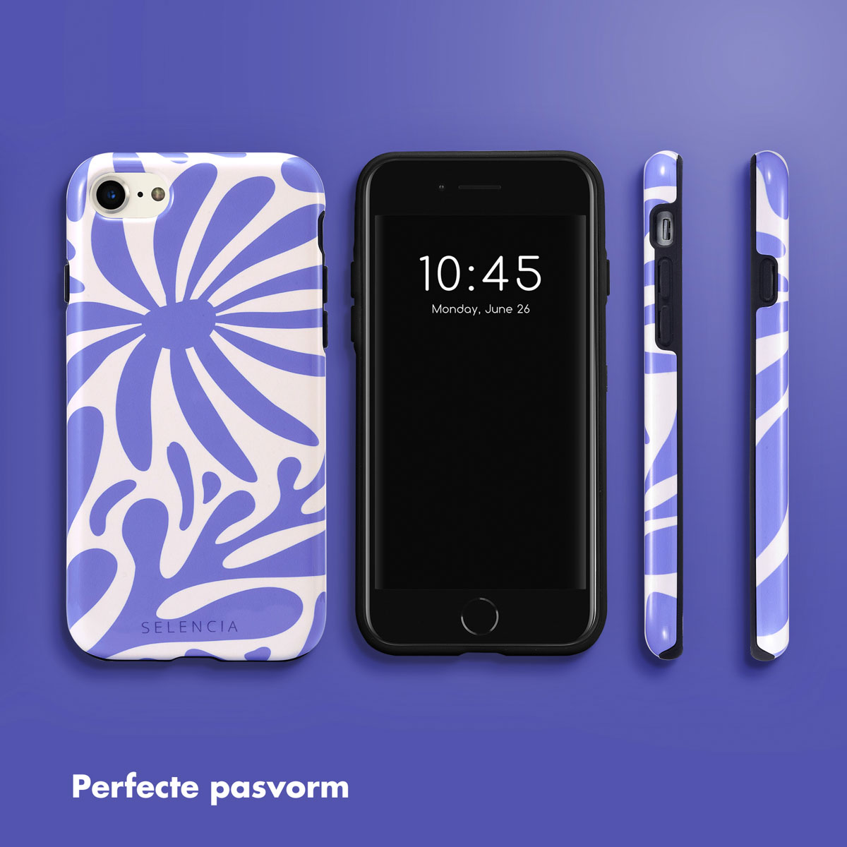 Telefono con custodia dal design blu e bianco, tre viste. Mostra l'ora e la data sullo schermo.