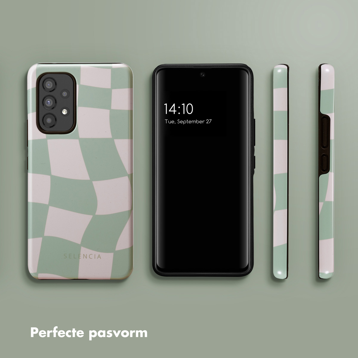 Téléphone et étuis : étui vert à carreaux sur l'appareil et les côtés, téléphone noir avec affichage de l'heure.