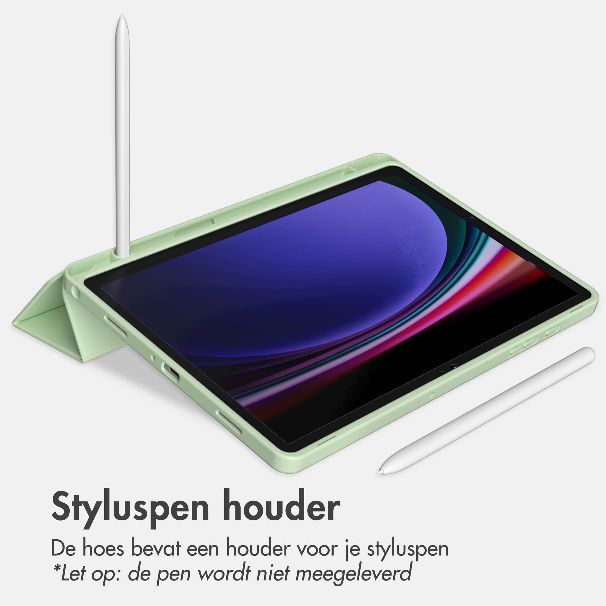 Green tablet case with a tablet and a stylus pen. The background is white.