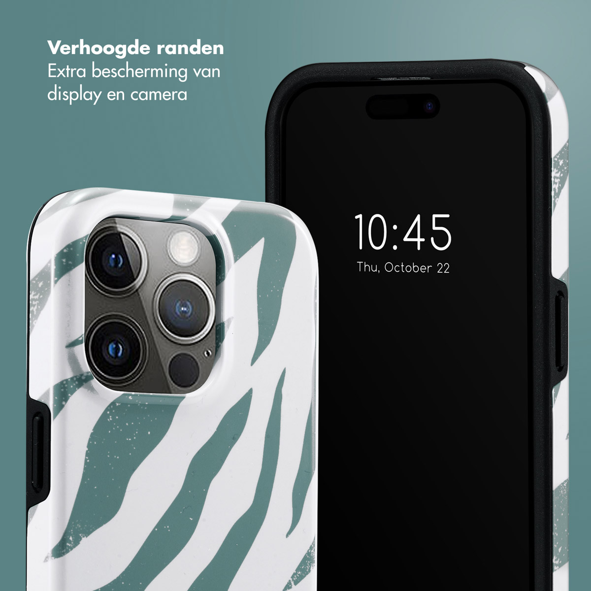 Een telefoon met zebraprint hoesje en zwart scherm toont 10:45.