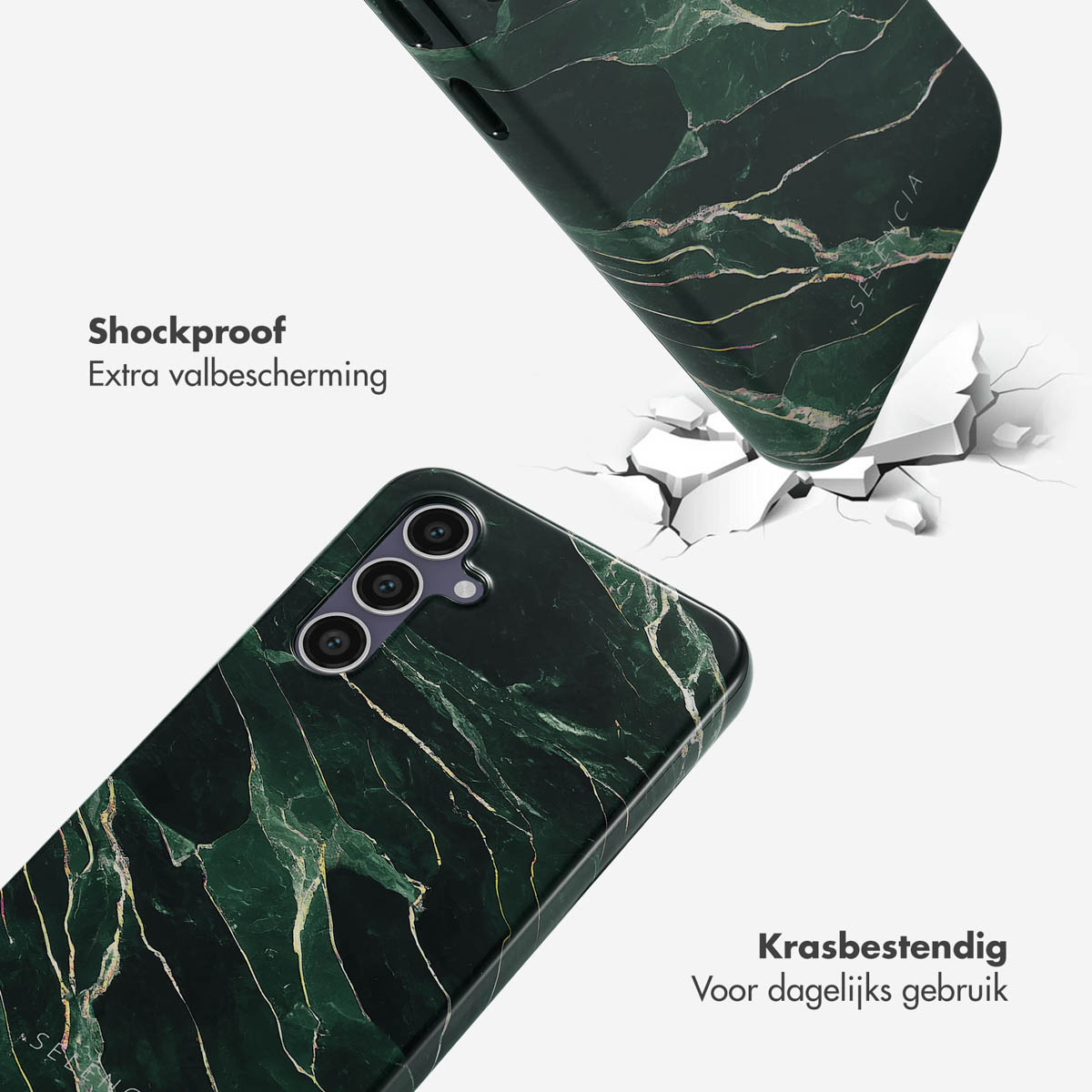 Coque de téléphone avec motif marbre vert. Une coque tombe, fissurant la surface.