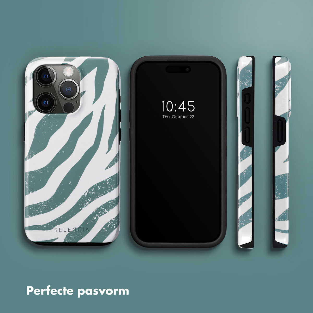 Een smartphone met een zebraprint hoesje wordt naast de telefoon getoond.