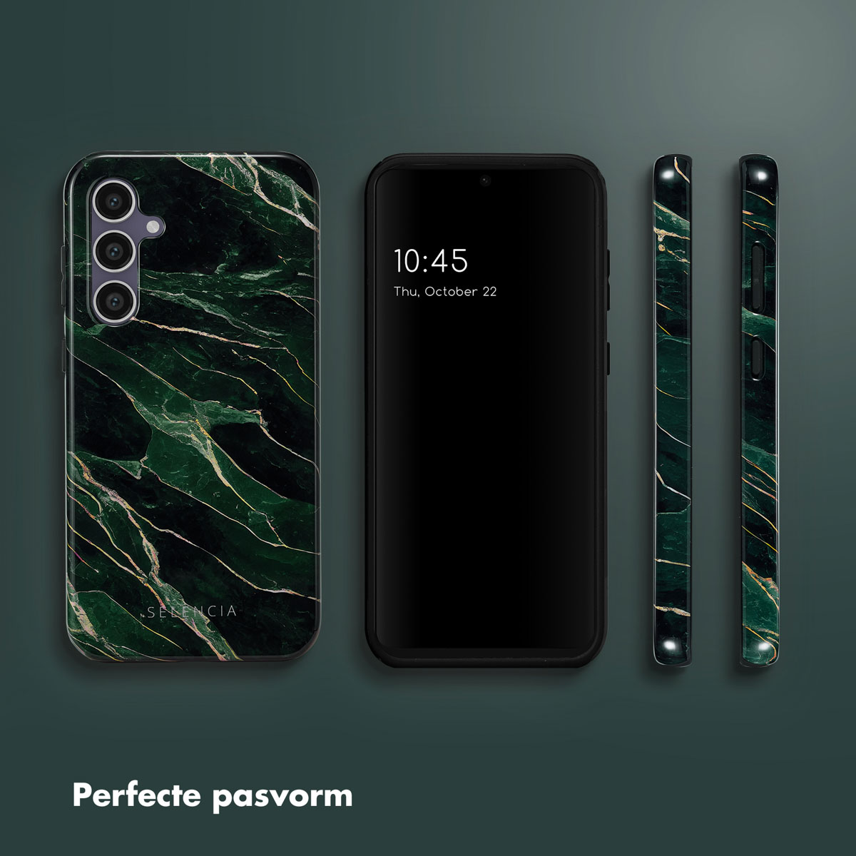 Une coque de téléphone avec un motif de marbre vert et des parties de téléphone.