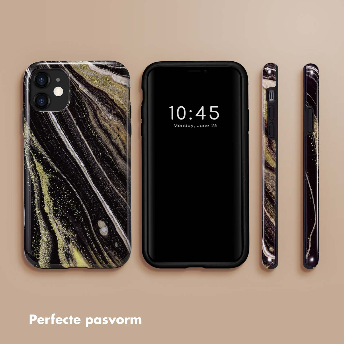 Telefoonhoesje met marmerontwerp, een telefoon met een zwart scherm dat de tijd toont en zijaanzichten.