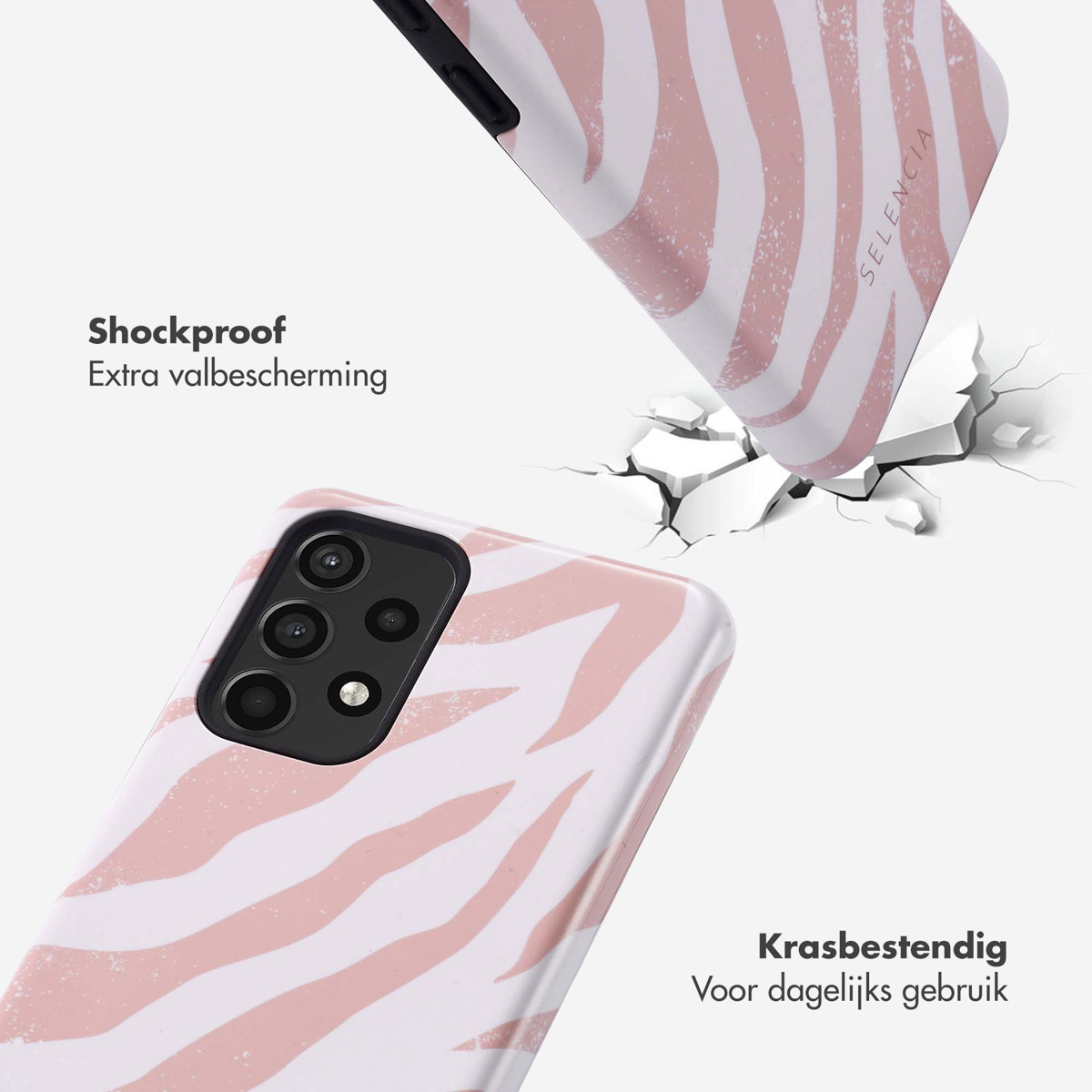Telefoonhoesje met een zebrapatroon, en een telefoon die valt.