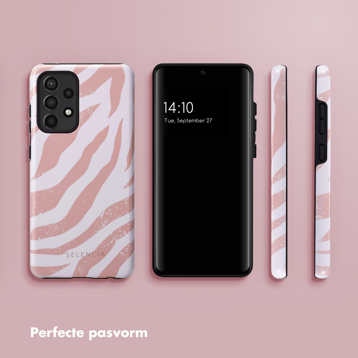 Roze zebraprint telefoonhoesje met een telefoon die de tijd weergeeft. Hoesjes weergegeven vanuit meerdere hoeken.