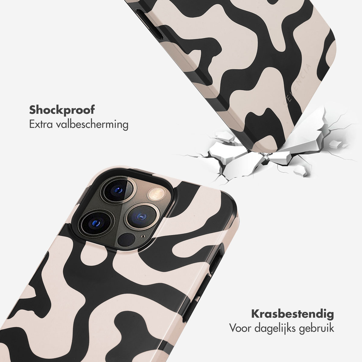Coque de téléphone avec motif noir et blanc. Antichoc et résistant aux rayures. Téléphone en chute.
