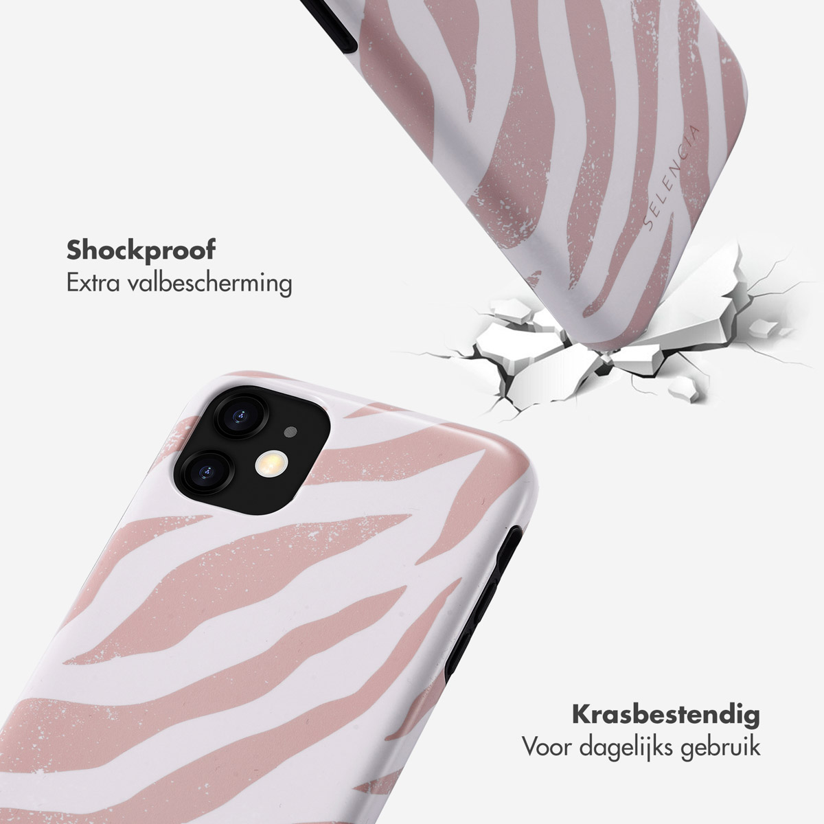 Telefoonhoesjes met roze zebraprint, één valt. De achtergrond is wit met scheuren.