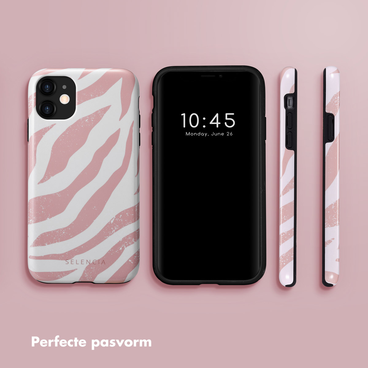 Roze zebraprint telefoonhoesje en telefoon. De telefoon toont de tijd en datum.