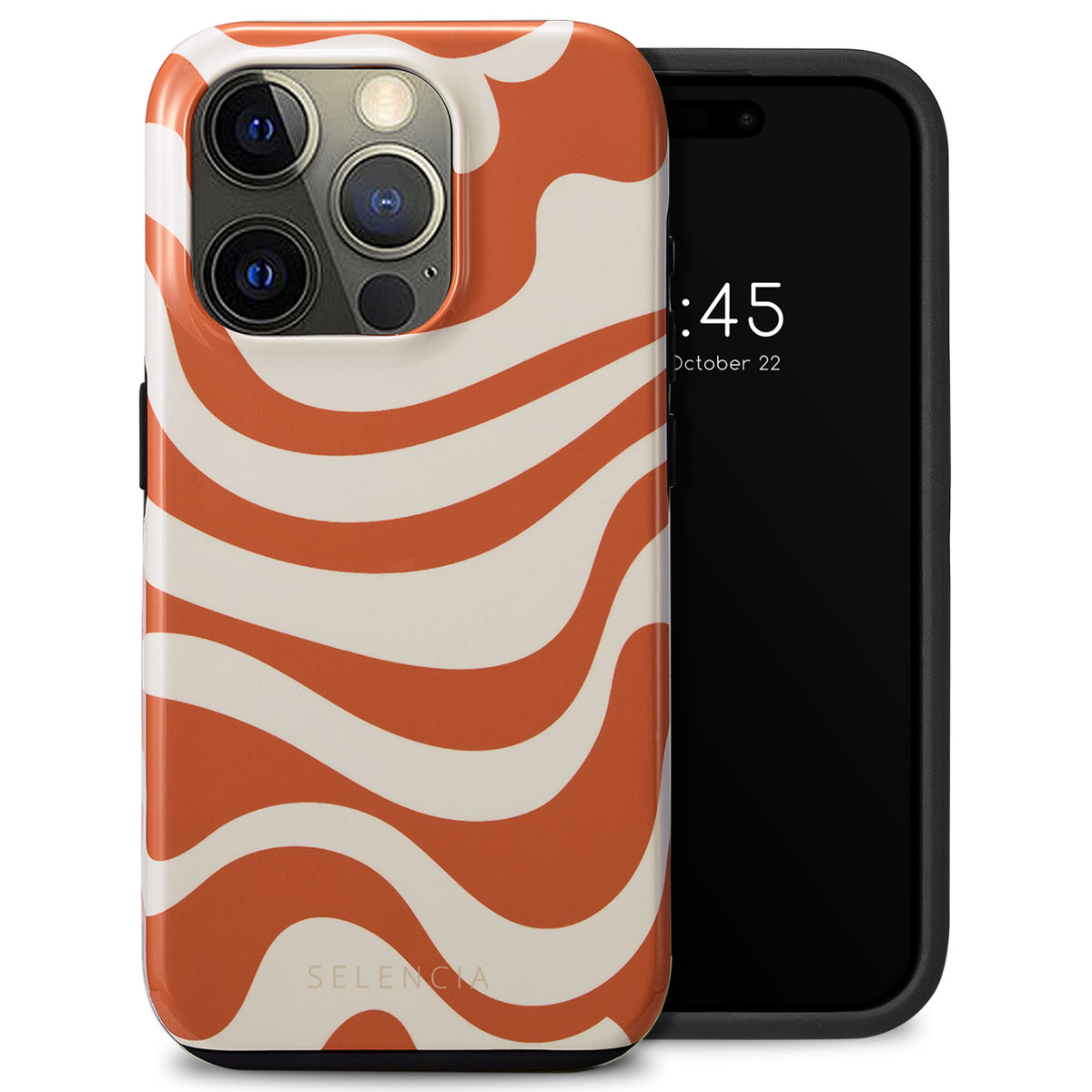 Telefoon met oranje en witte golvende hoes links, zwarte telefoon met zwart scherm rechts.