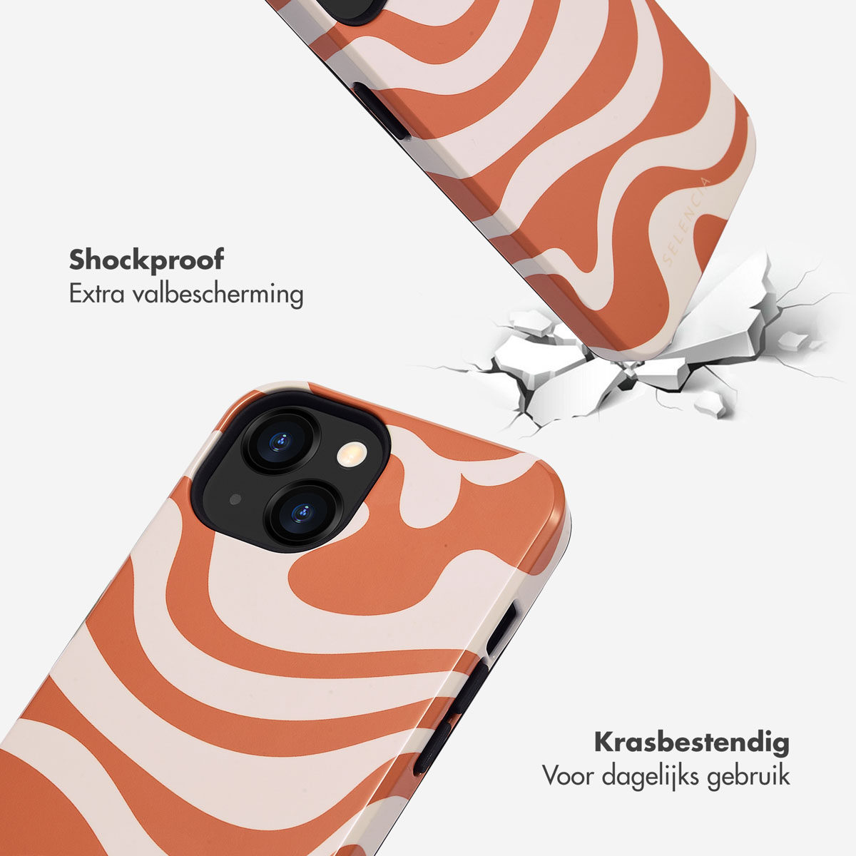 Coques de téléphone à motif ondulé orange et blanc. Une coque tombe, une au sol.