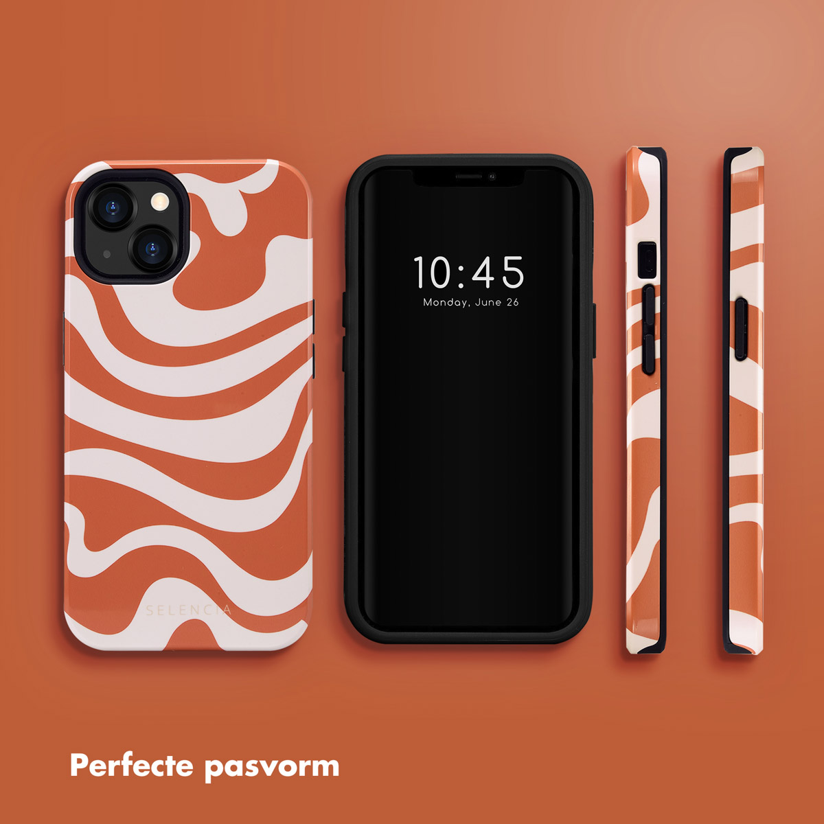 Téléphone, coque et vue latérale. La coque a un motif ondulé orange et blanc. Le téléphone affiche l'heure.