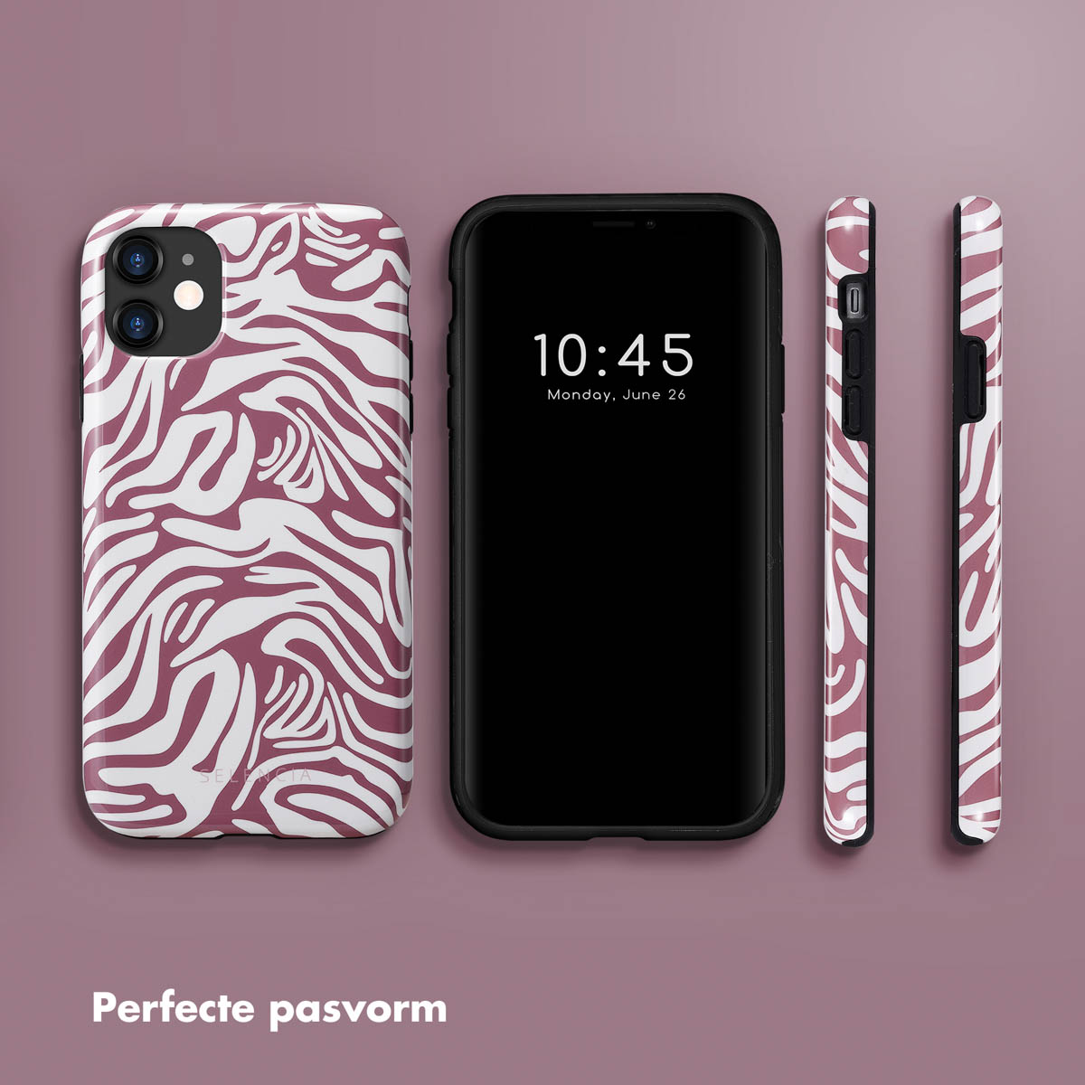 Telefoon met een rood-witte zebra hoes. De tekst op de hoes is SELENCIA.