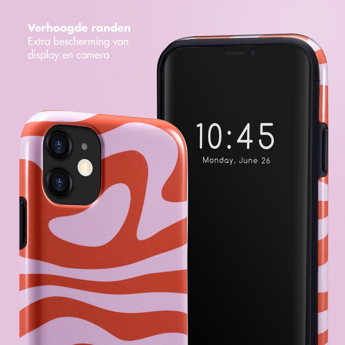 Een telefoon met een golvende koraal- en lavendelkleurige hoes, met scherm en camera.