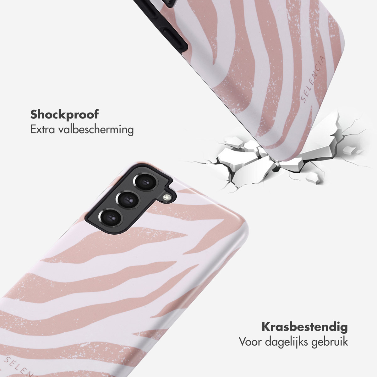 Coques de téléphone à motif zébré rose et blanc. Une coque tombe, une au sol.