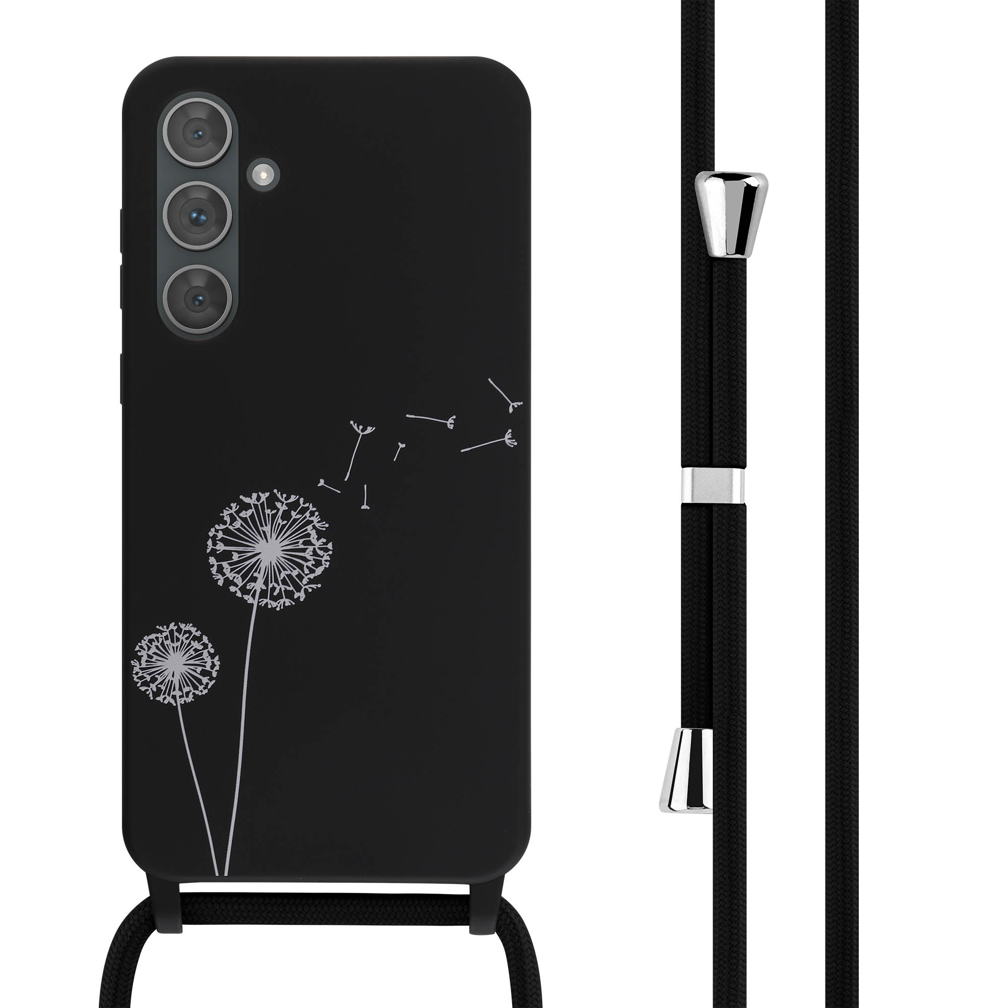 Zwarte telefoonhoes met paardebloemdesign en een zwarte telefoonriem met zilveren bevestigingen.