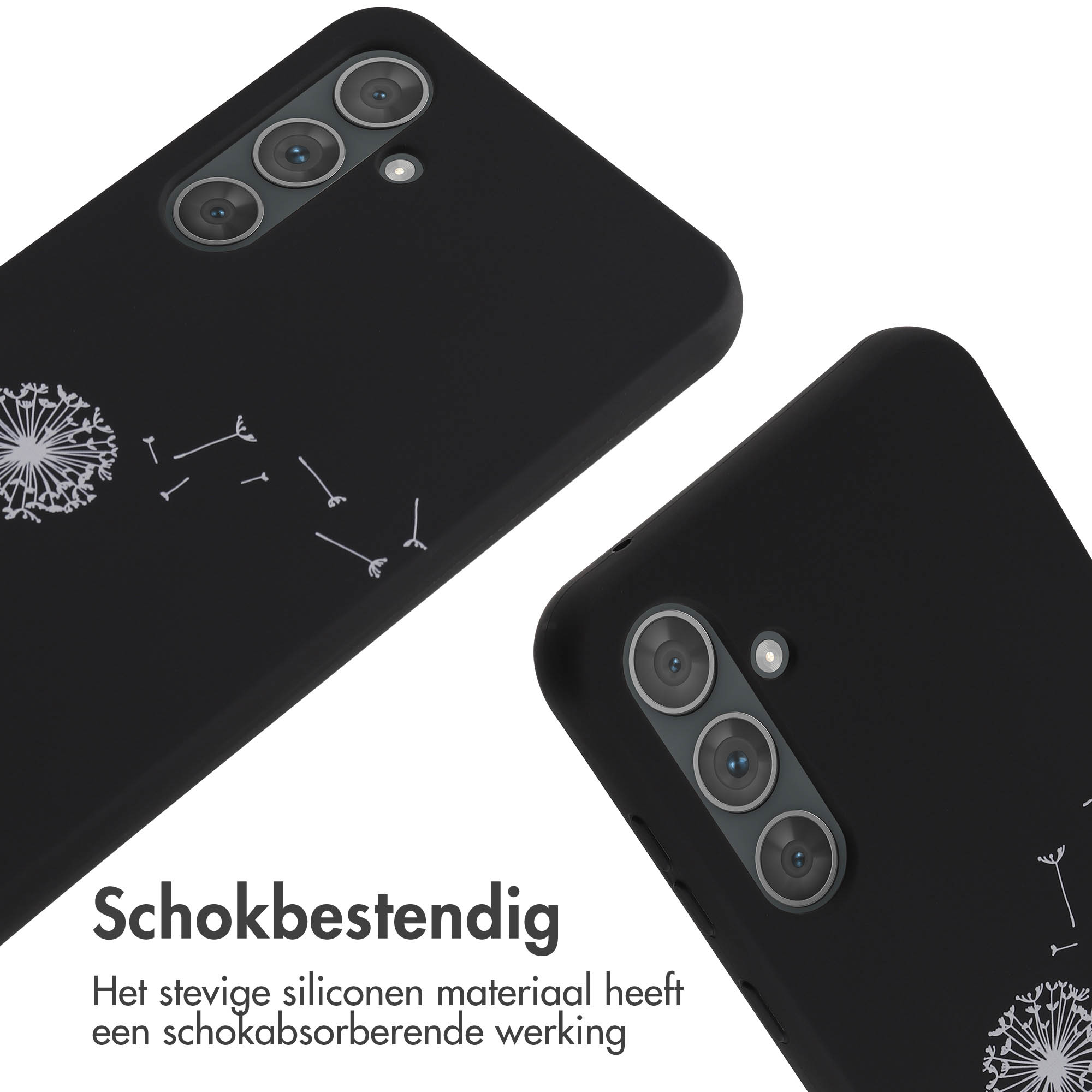 Zwarte telefoonhoesjes met paardenbloemontwerp. Close-up op wit.