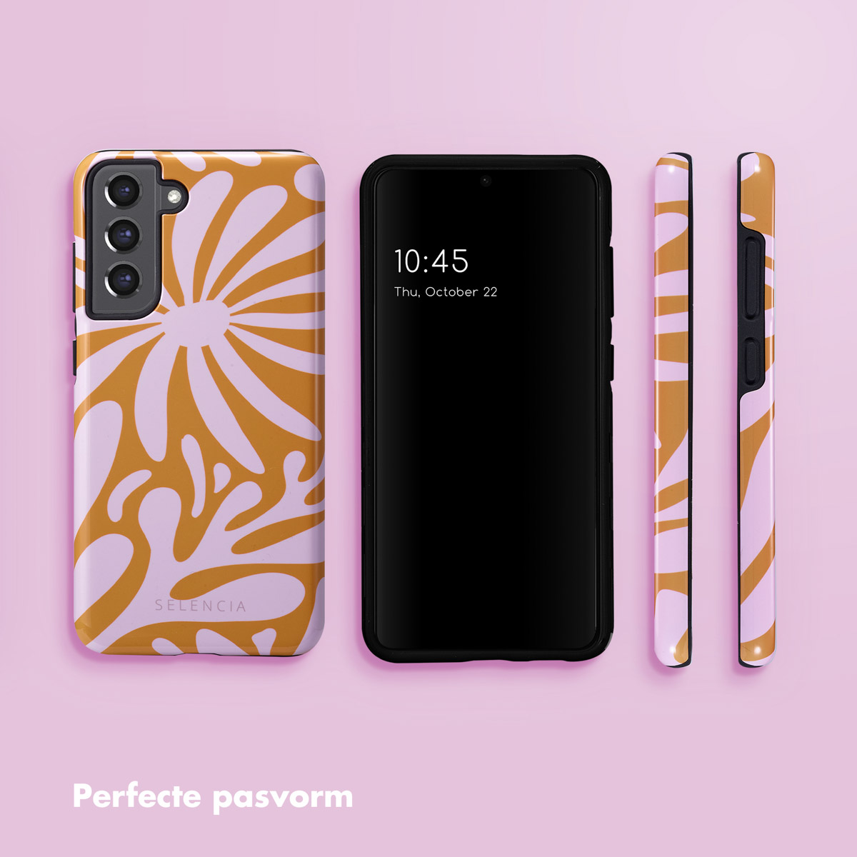 Uno smartphone con una custodia a fantasia floreale colorata e altre due custodie.