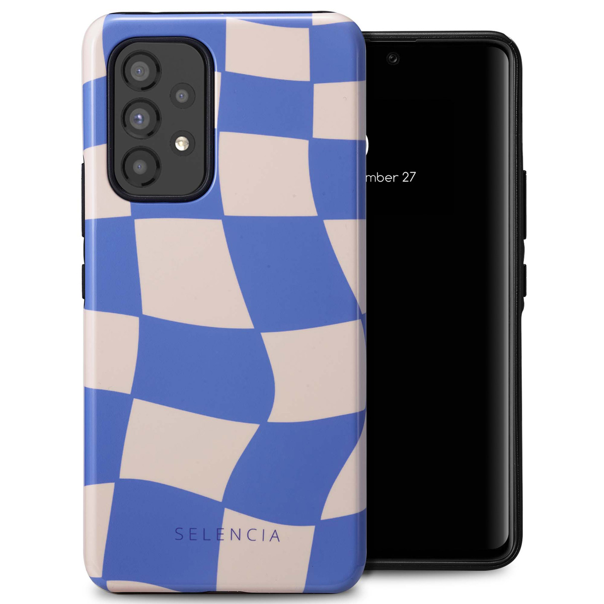 Coque de téléphone à carreaux bleus et blancs à côté d'un téléphone noir. Texte : Selencia.