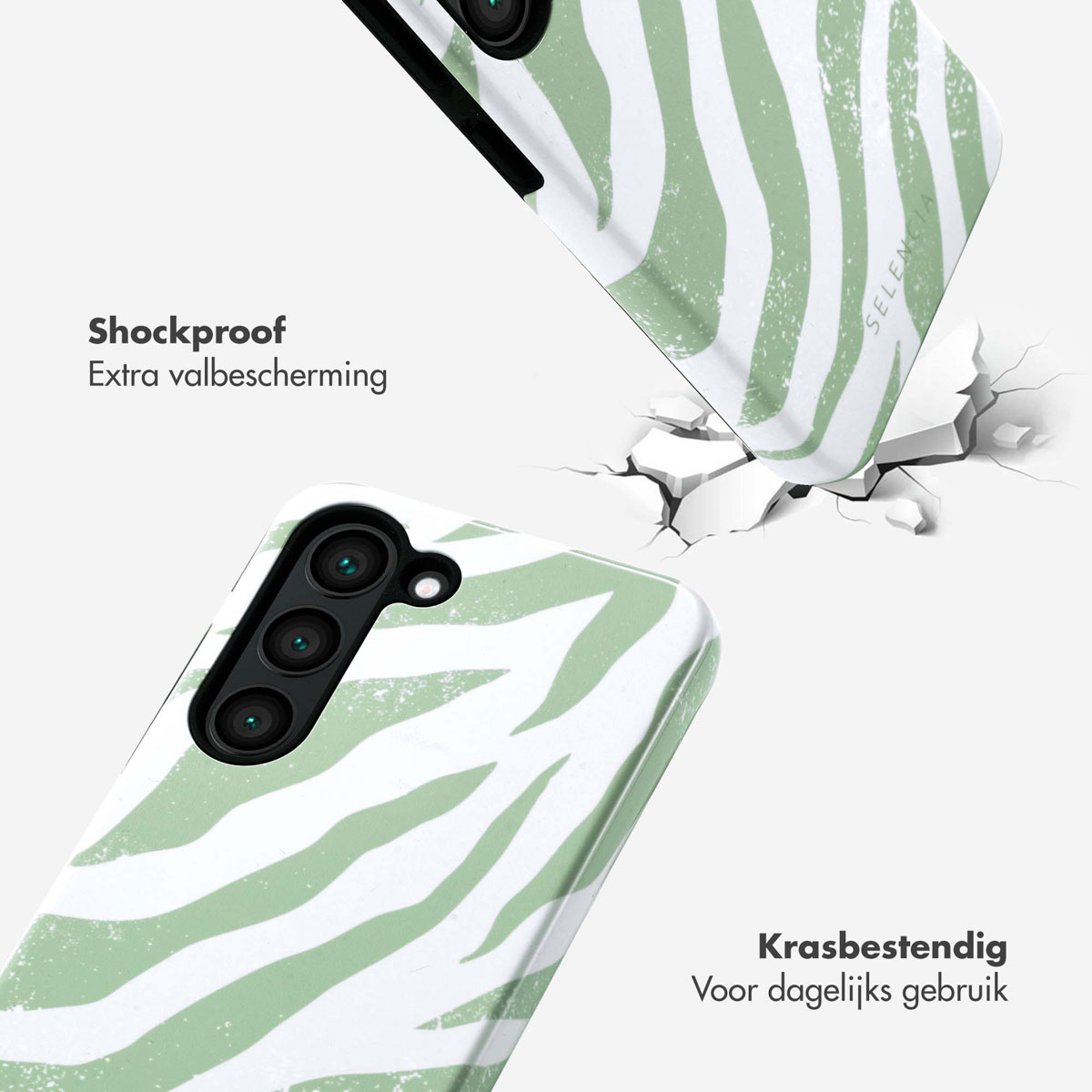 Coque de téléphone avec un motif zébré vert et blanc. Coque de téléphone tombant, fissurée.