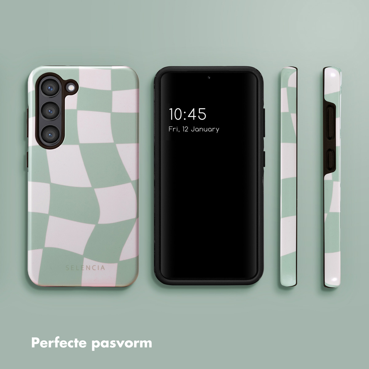 Téléphone, coque et vue latérale. La coque a un motif à carreaux vert et blanc. Le téléphone affiche l'heure.