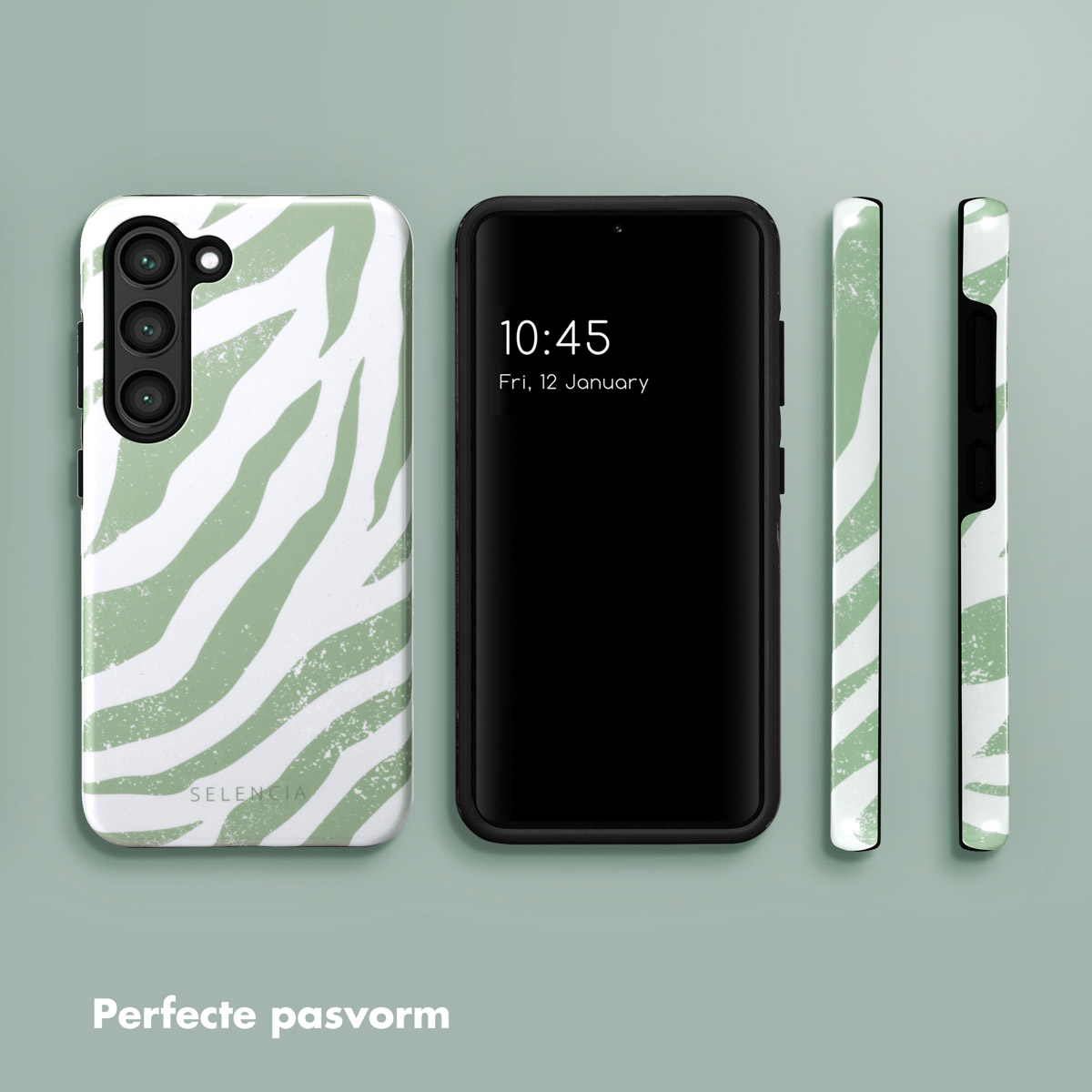Téléphone, coque et vue latérale. La coque a un motif zébré vert et blanc. Le téléphone affiche l'heure.