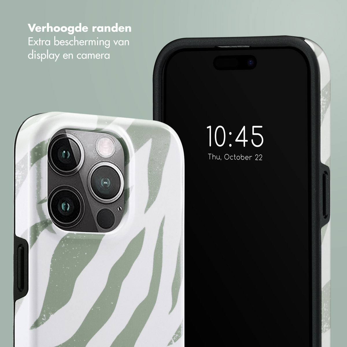 Une coque de téléphone à motif abstrait vert et blanc est à côté d'un smartphone.