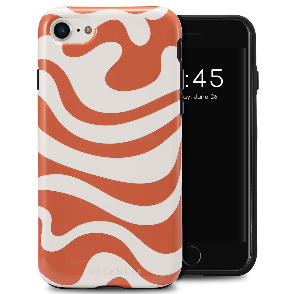 Telefoonhoesje met rood-witte zebra strepen. Telefoon in hoes, witte achtergrond.