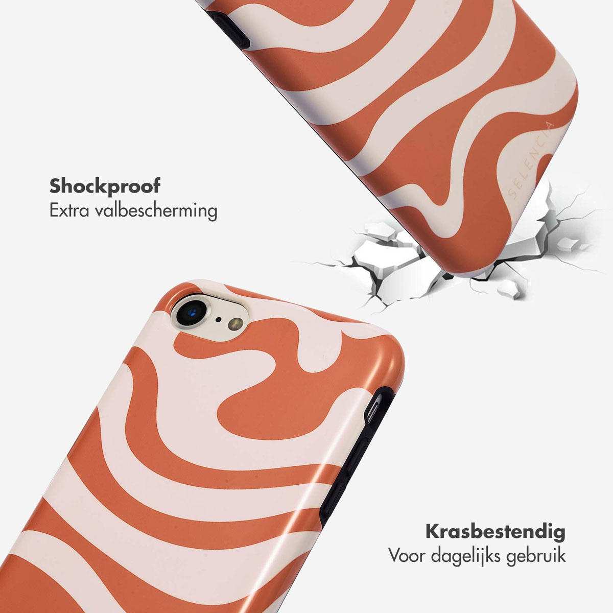Een telefoonhoesje, wervelend oranje en wit ontwerp en een gebroken oppervlak.