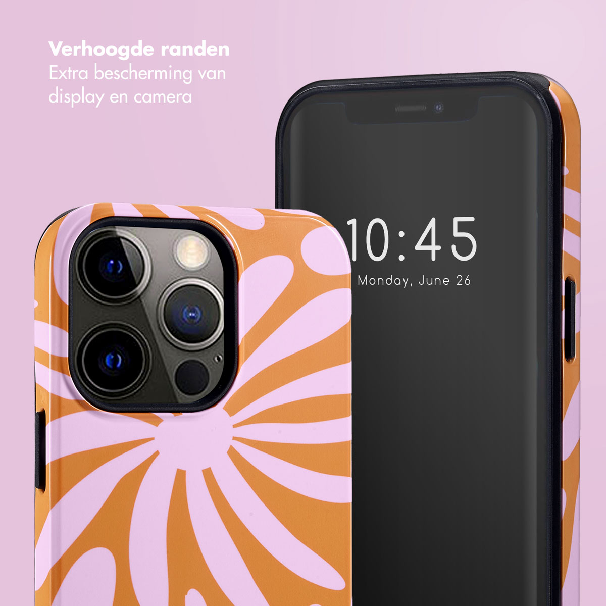 Un telefono con custodia floreale arancione e rosa. L'ora è 10:45.