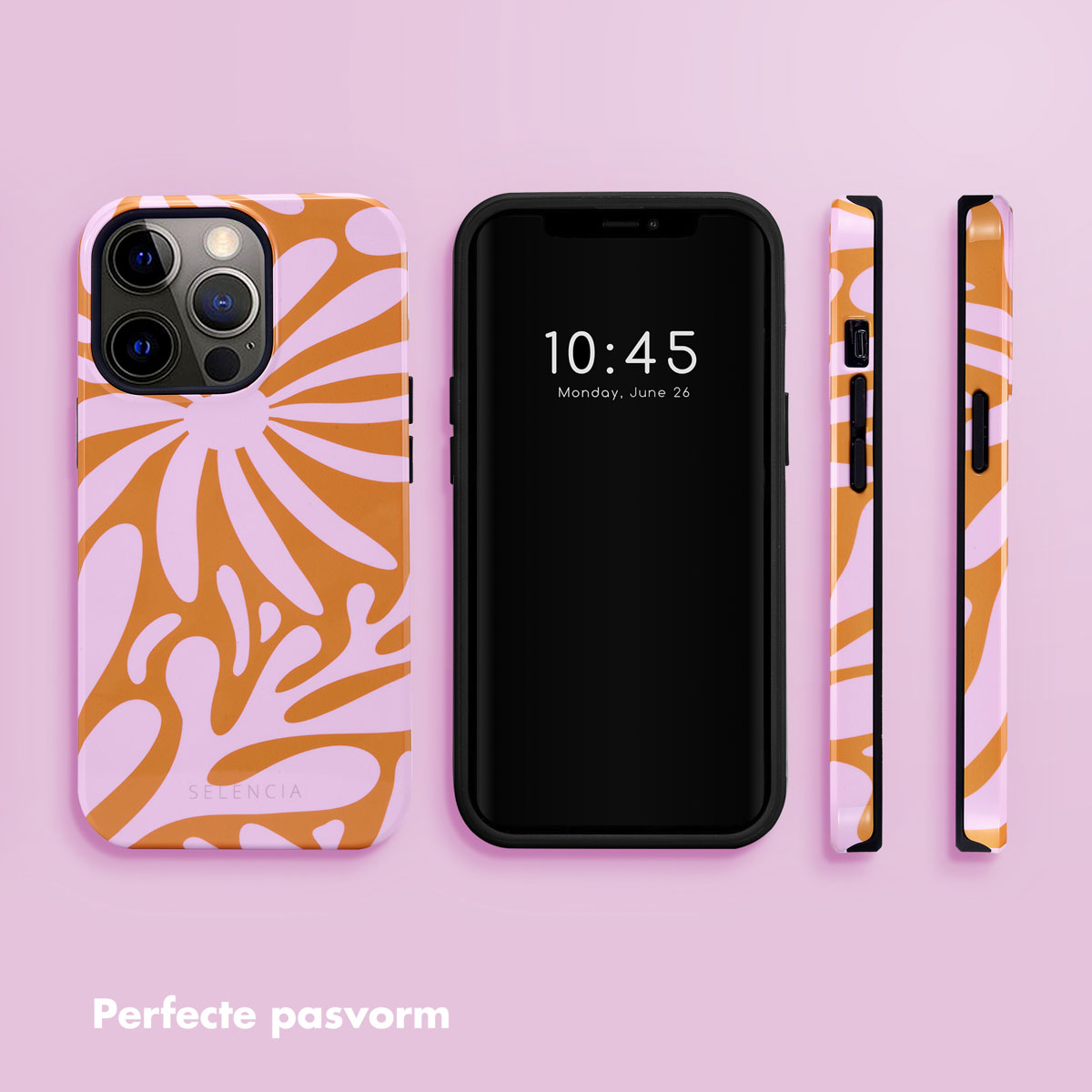Uno smartphone con motivo colorato, accanto a due custodie.