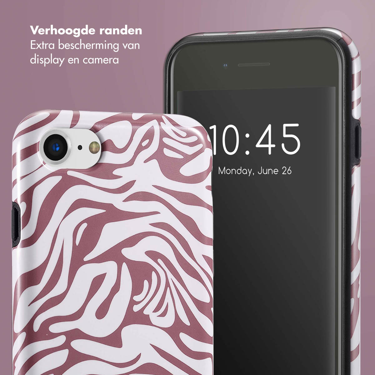 Telefoon met een zebrapatroonhoesje. De telefoon geeft de tijd en datum weer.