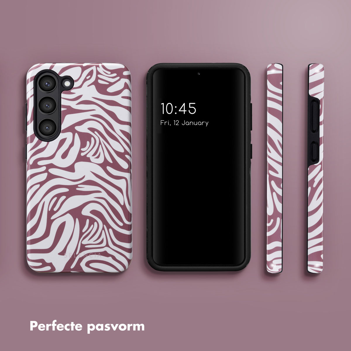 Téléphone avec coque à imprimé zèbre. Téléphone noir affichant l'heure. Coques supplémentaires à imprimé zèbre.