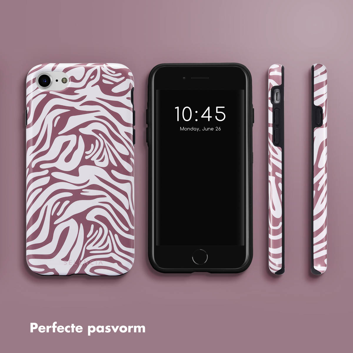 Telefoon met een bordeauxrode en witte zebraprint hoes. Drie weergaven, tijd en datum.