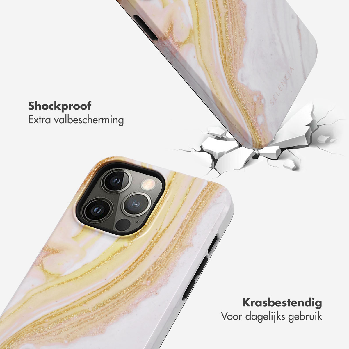 Twee telefoonhoesjes worden getoond met een gebroken oppervlak eronder, één versplinterd.