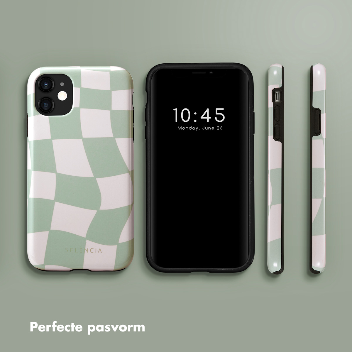 Téléphone, coque et vue latérale. La coque a un motif à carreaux vert et blanc. Le téléphone affiche l'heure.