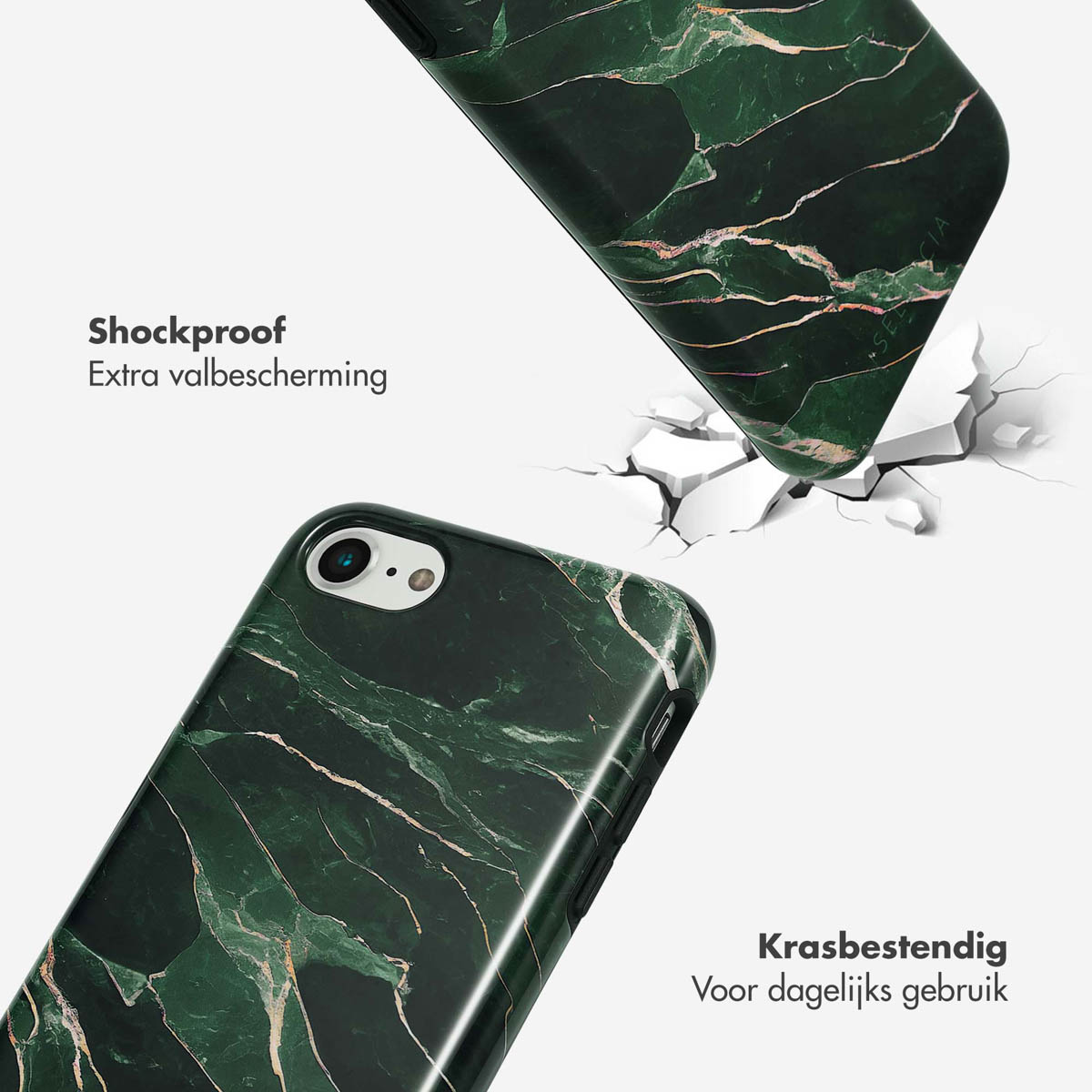 Telefoonhoesje met marmerontwerp dat valt, de grond kraakt, groentinten, witte achtergrond.